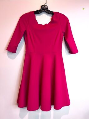 Lulu’s Red Scalloped Neck Fit & Flare Skater Dress 3/4 Sleeve Party pin up